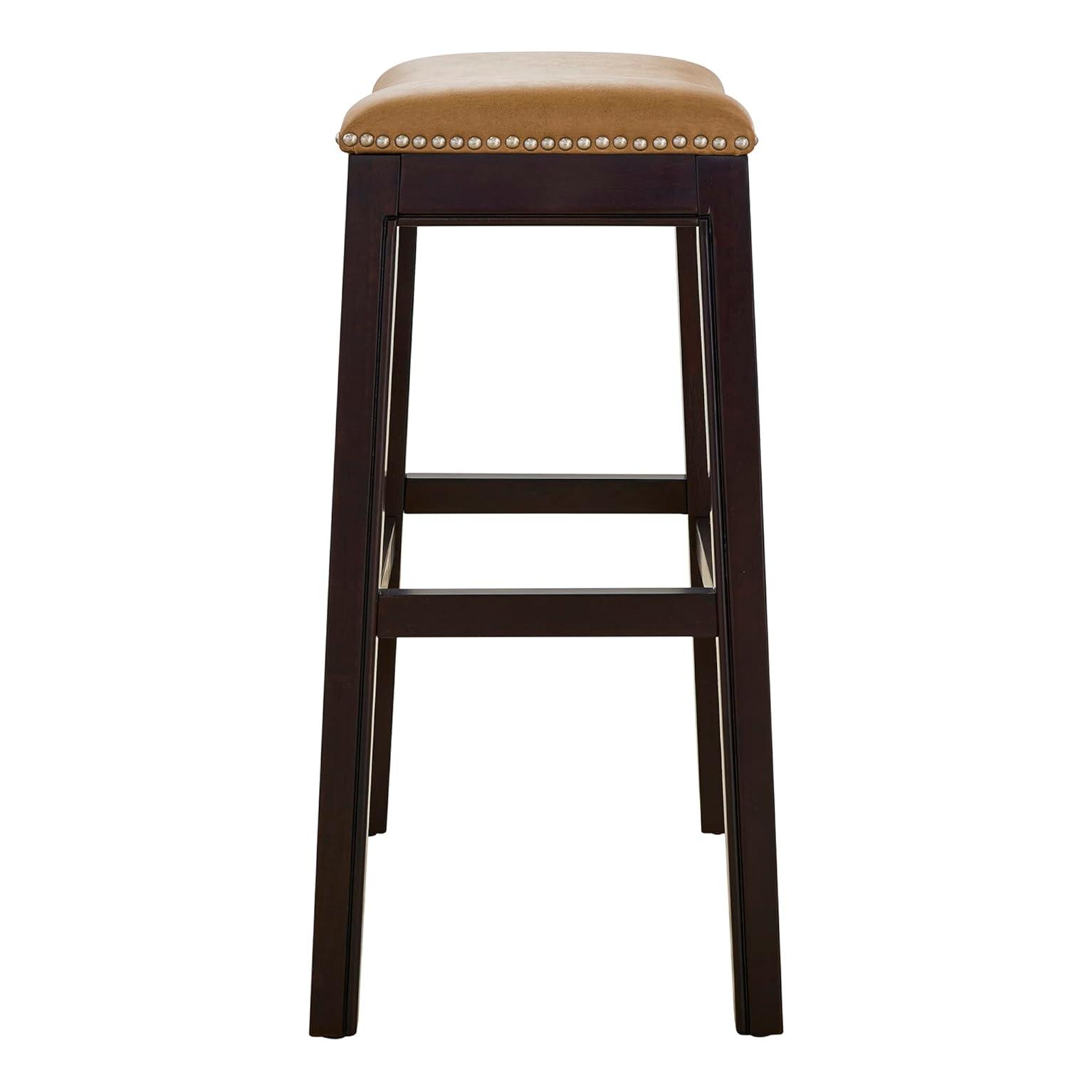 New Ridge Home Goods  25 in. Julian Counter-Height Wood Barstool with Tan Faux-Leather Seat - Espresso