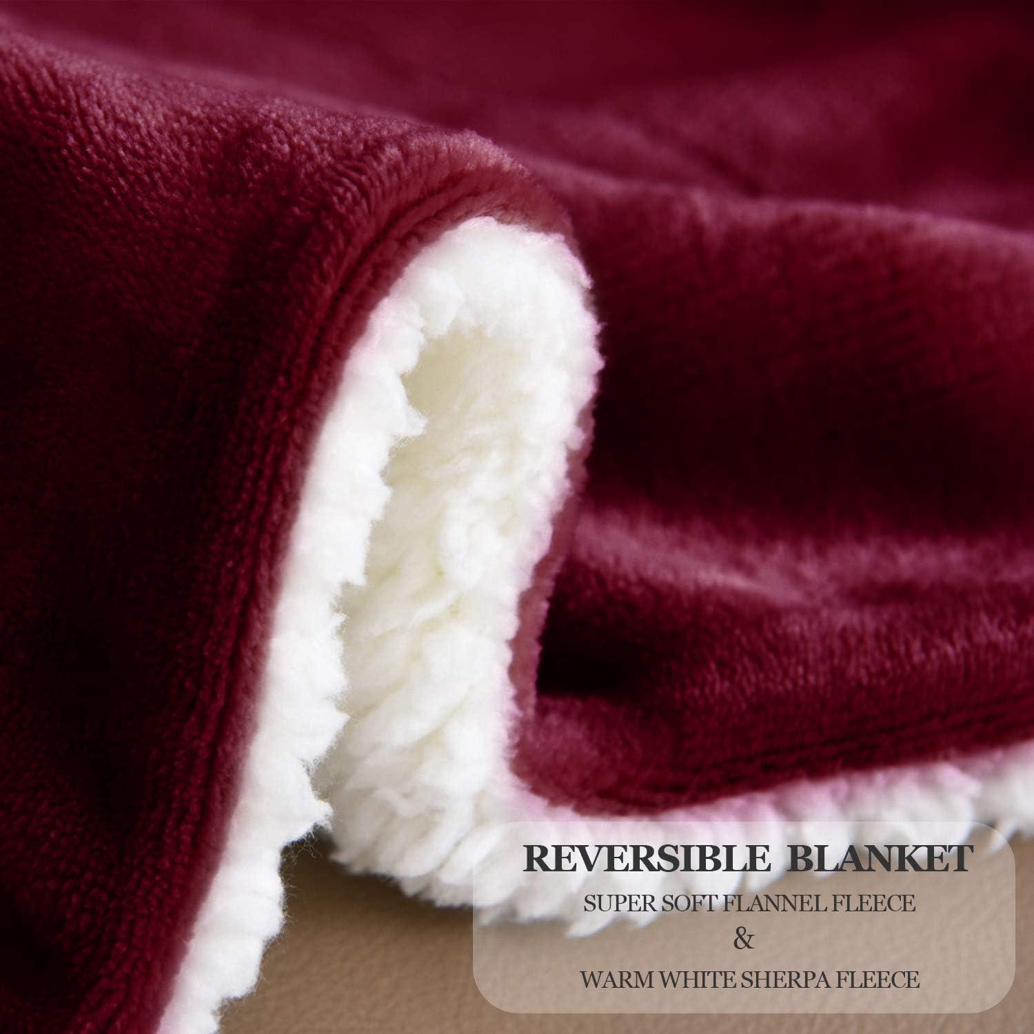 Wine Red Sherpa Fleece Reversible Throw Blanket