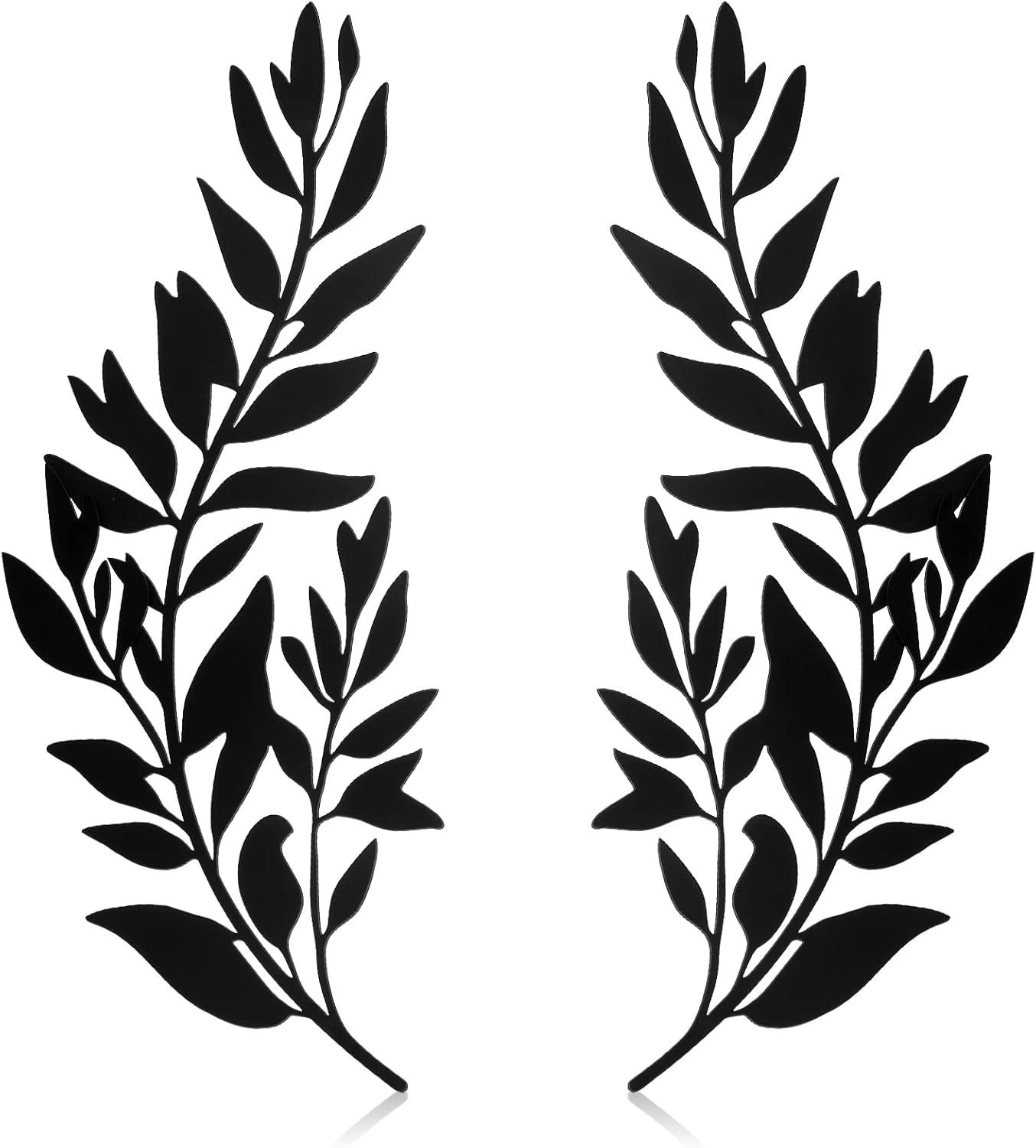 2Pcs/Set Leaf Wall Decor Symmetrical Easy to Hang Black Wrought Iron Scroll Sculpture Metal Olive Branch Tree Leaves Wall Art Above The Bed-A