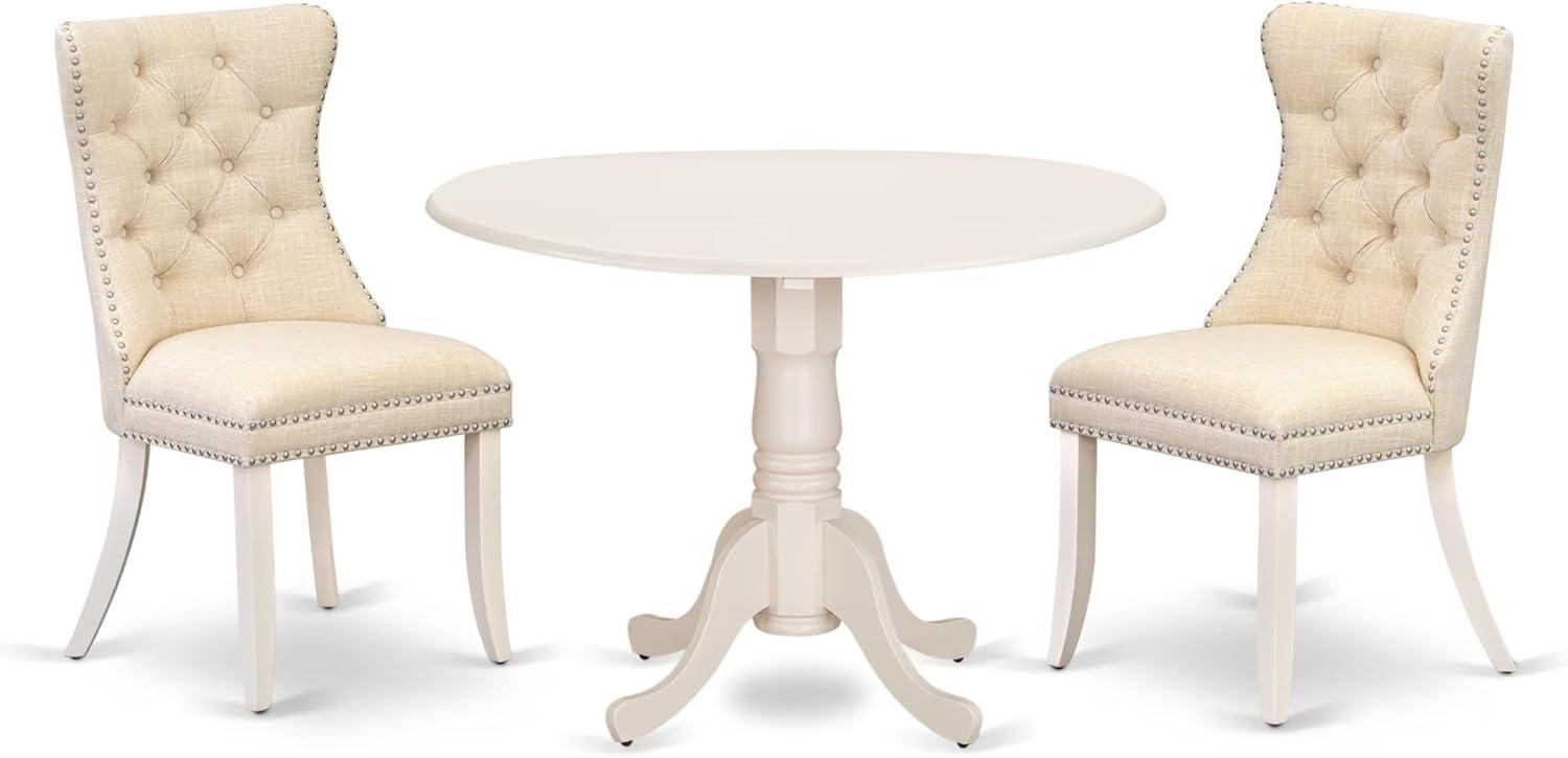 Linen White Round Drop Leaf Dining Table Set with Beige Upholstered Chairs