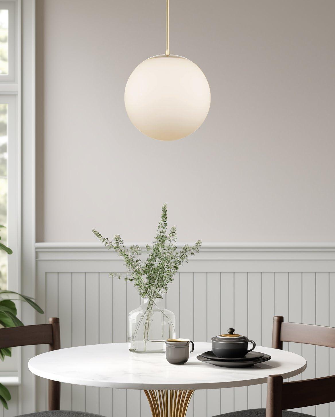 Kira Home Ceres 14" Mid-Century Modern Hanging Orb Pendant Light with Smooth Matte White Frosted Diffuser, Cool Brass