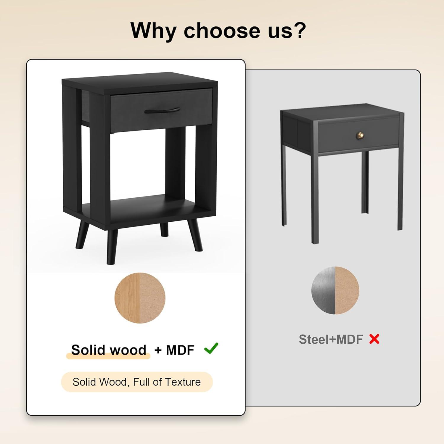 Nightstands Set Of 2 With Fabric Storage Drawer And Open Wood Shelf, Side Table With Storage For Bedroom, Bedside Tables - 23.7" H