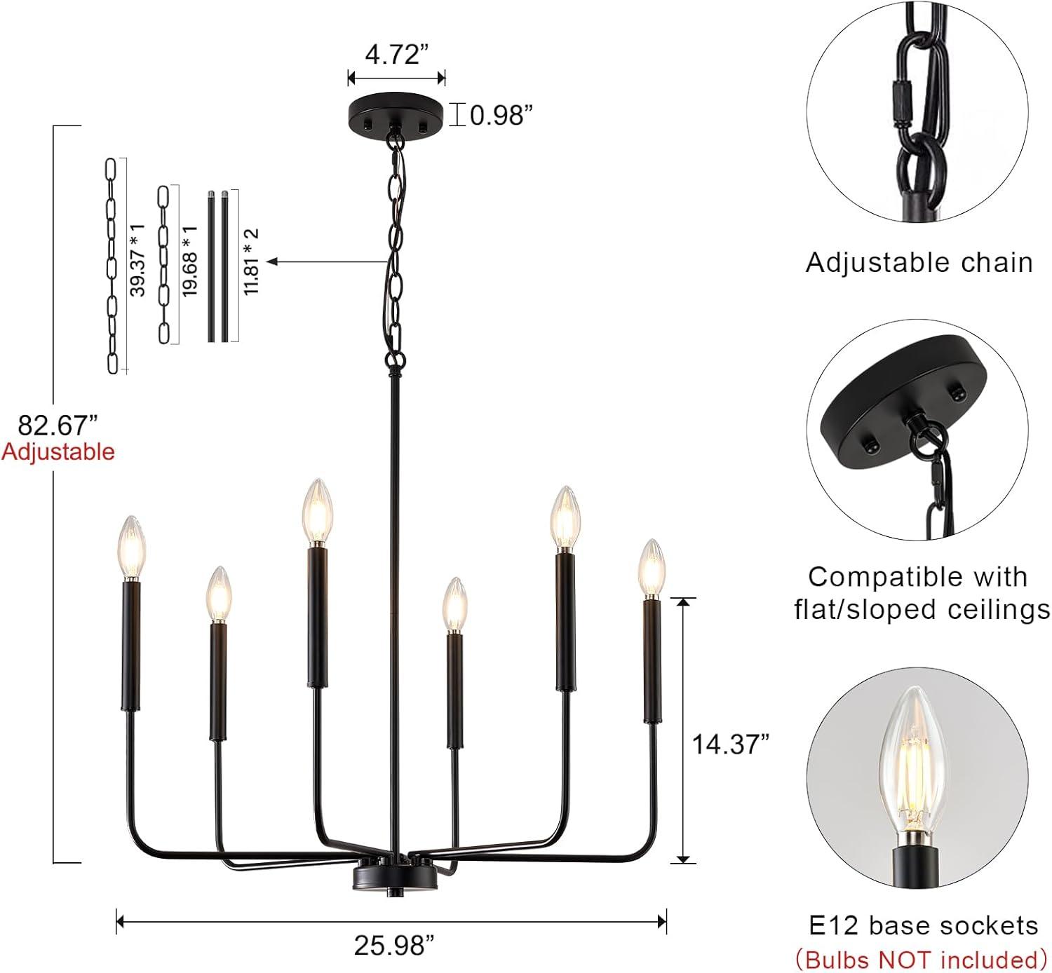 SineRise Black Chandelier, 6-Light Modern Farmhouse Chandelier, Candle Chandelier Light Fixtures, Rustic Industrial Chandelier for Entryway, Bedroom, Foyer and Living Room