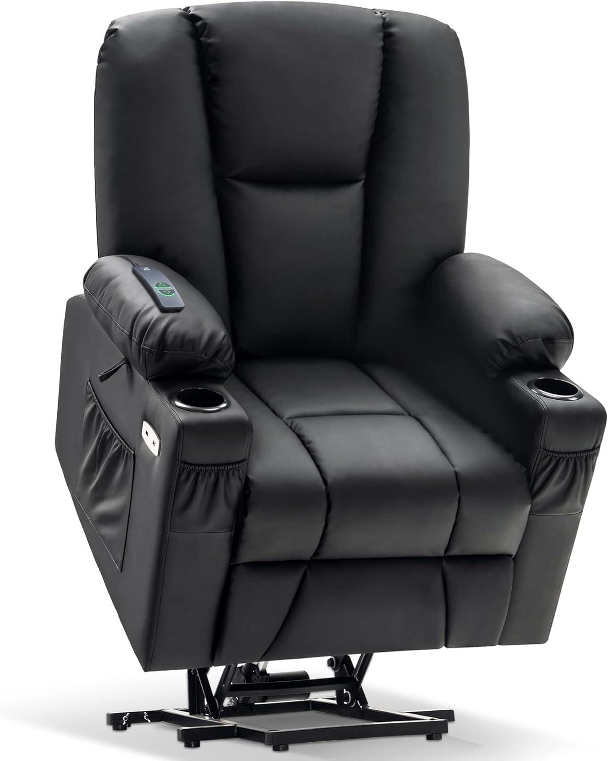 MCombo Electric Power Lift Recliner Chair with Extended Footrest for Elderly People, 3 Positions, Hand Remote Control, 2 Cup Holders, USB Ports, Faux Leather 7507 Black
