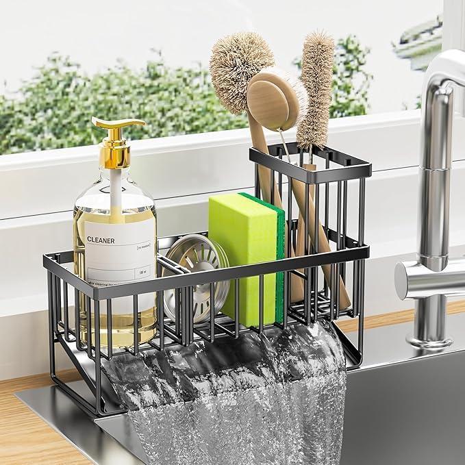 WKING Stainless Steel Kitchen Sink Caddy Organizer With Draining Tray, Rustproof Sponge Holder For Sink, Adjustable Compartments, Space-Saving Design