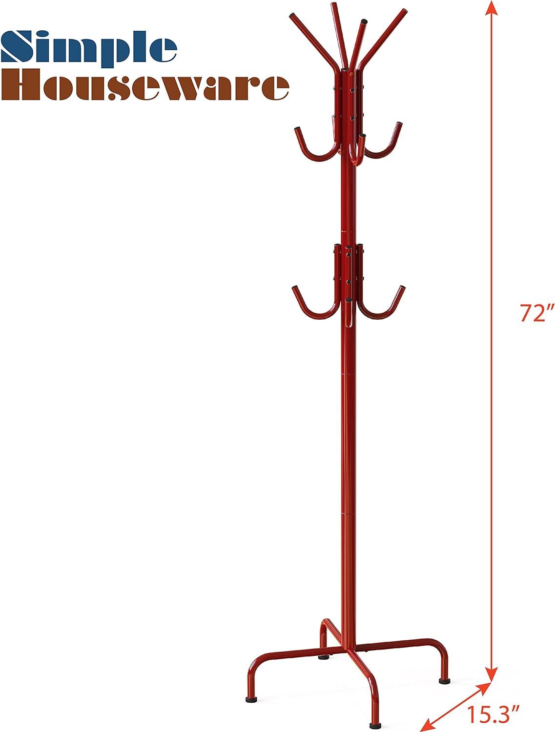 Passion Red Metal Standing Coat and Hat Rack with 12 Hooks