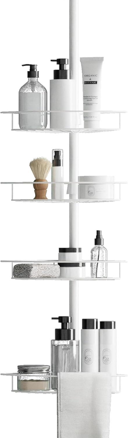 Adjustable White Metal Tension Mount Corner Shower Caddy