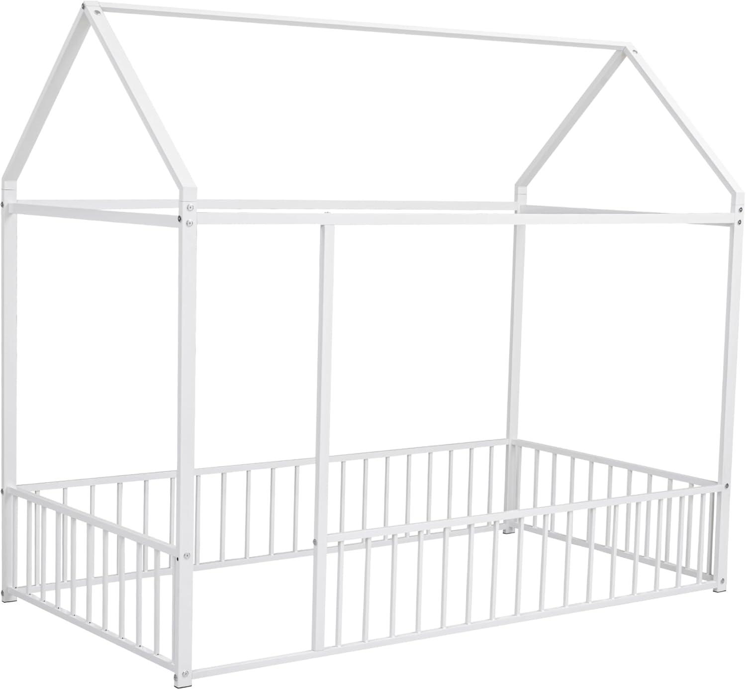 Ultimate Kids Comfort: HZANHY Twin Montessori Floor Bed, Rails, Playhouse Bed With Roof, Foot Pads