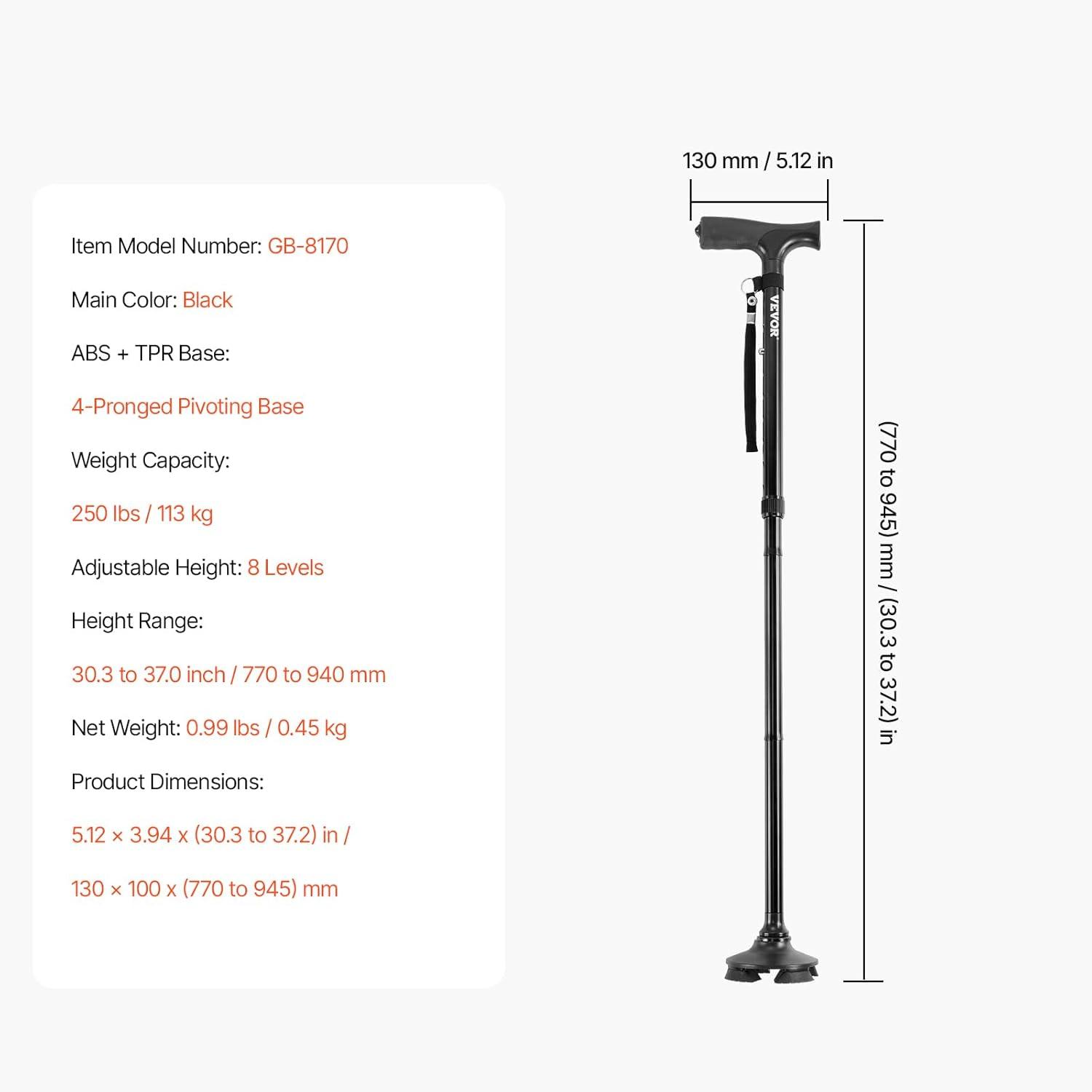 VEVOR Walking Cane for Man Woman, Folding Walking Stick with 8-Level Adjustable Height, 4-Pronged Pivoting Base, Lightweight & Portable Aluminum Mobility Aid for Seniors Adults, 250LBS Loading(Black)