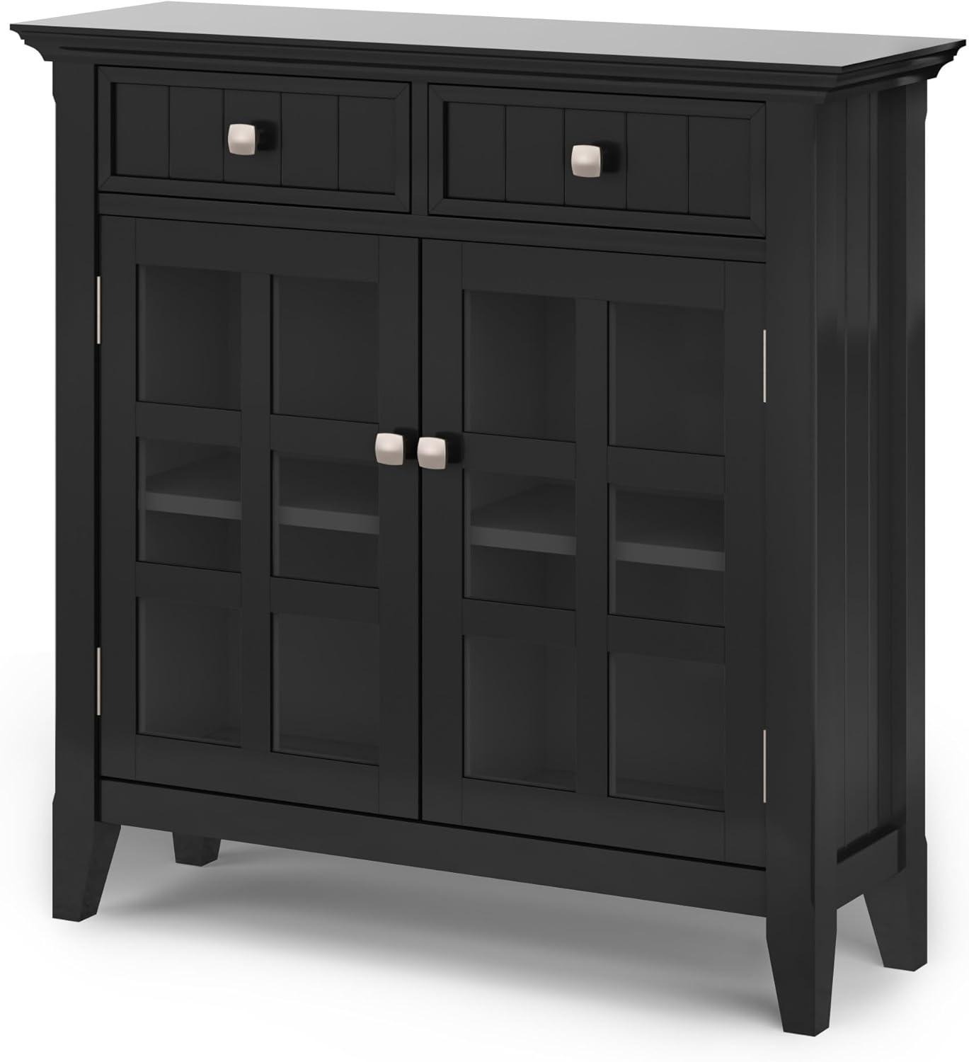 Simpli Home Acadian 62"W Solid Wood 3-Shelf Storage Cabinet with Tempered Glass Doors and Adjustable Shelves