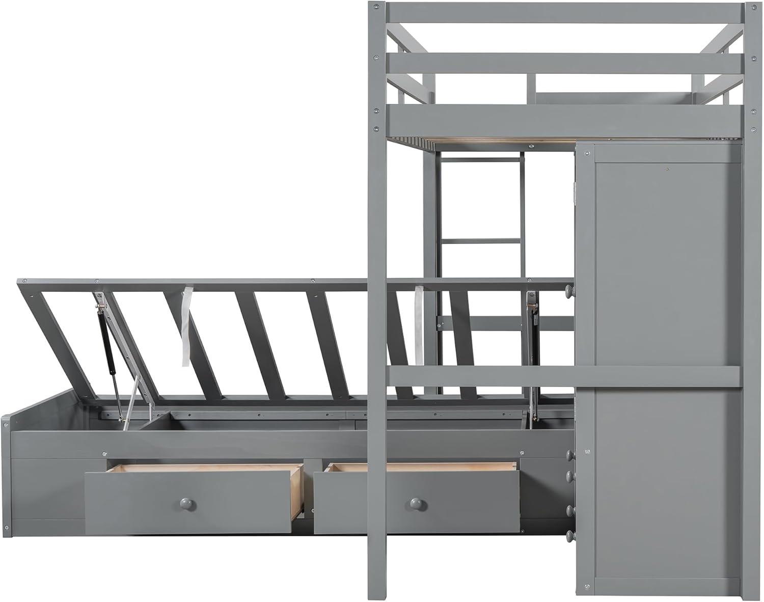yuanhuan Twin Bunk Bed With Drawers, Wardrobe, Storage Shelves And Hydraulic Bed