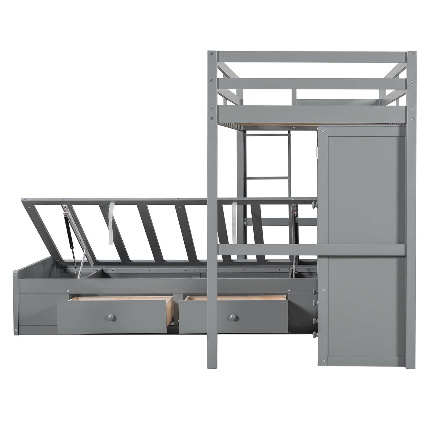 yuanhuan Twin Bunk Bed With Drawers, Wardrobe, Storage Shelves And Hydraulic Bed