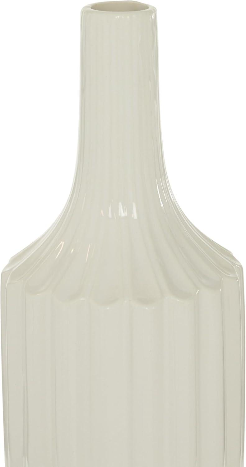 DecMode Modern Ceramic Tall White Decorative Vase with Vertical Groove Pattern 5"W x 19"H