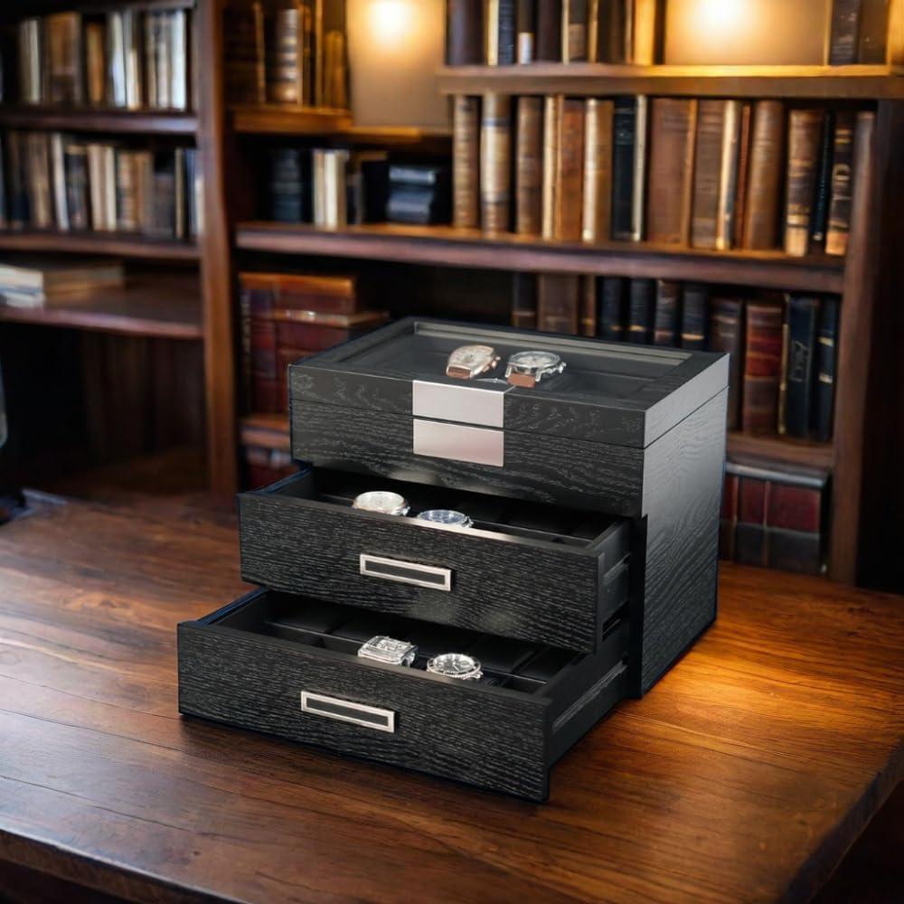 Black Ebony Wood Watch Display Case with Glass Top and Drawers