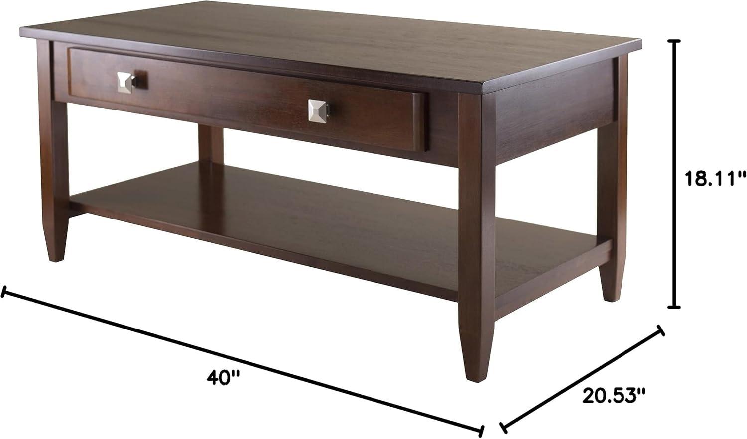 Richmond Coffee Table with Tapered Leg Walnut Finish - Winsome: Storage Shelf, Modern Brushed-Chrome Knobs