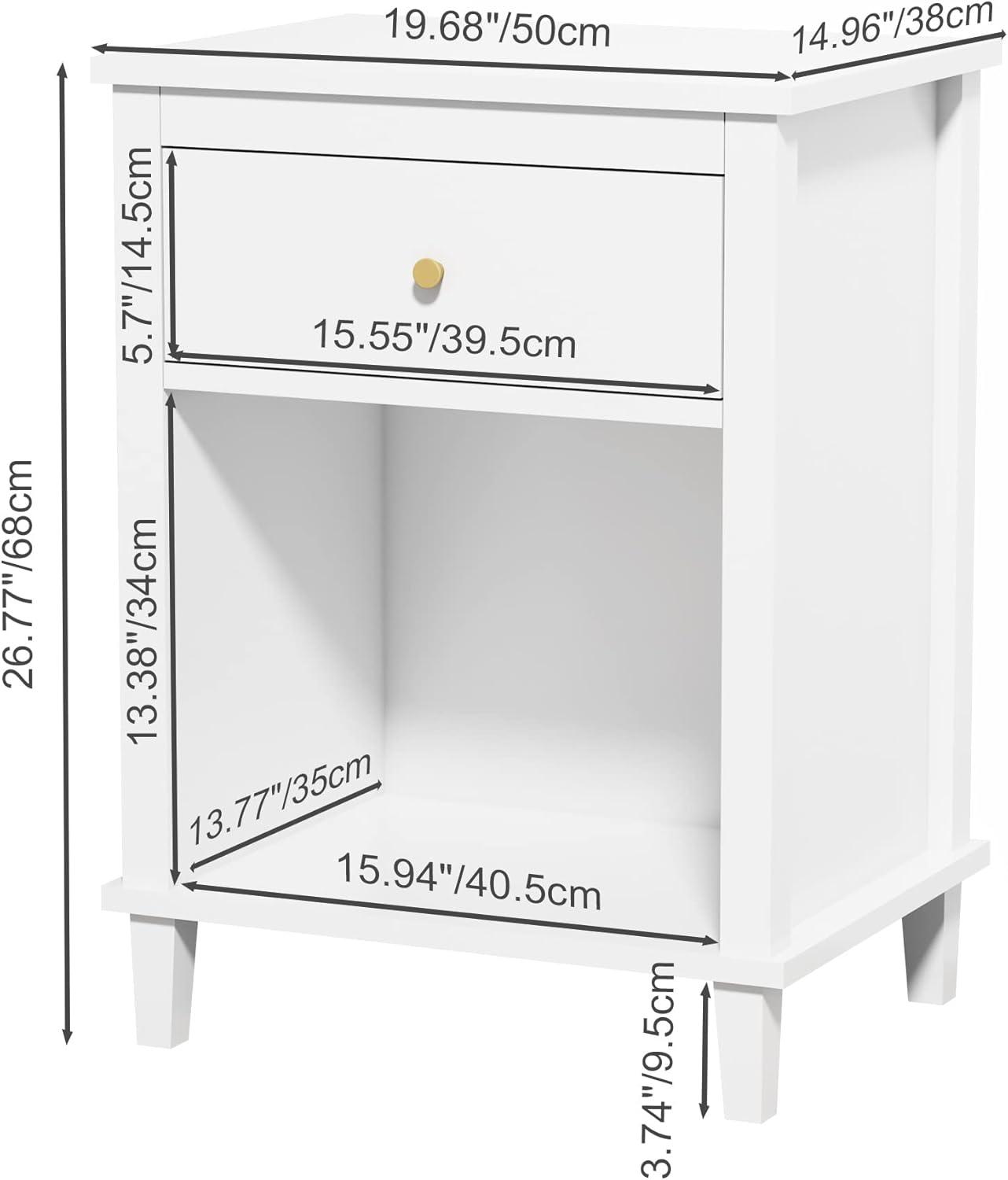 Wooden Nightstand with One Drawer One Shelf,Modern Bedside Tables for Kids,Adults,White