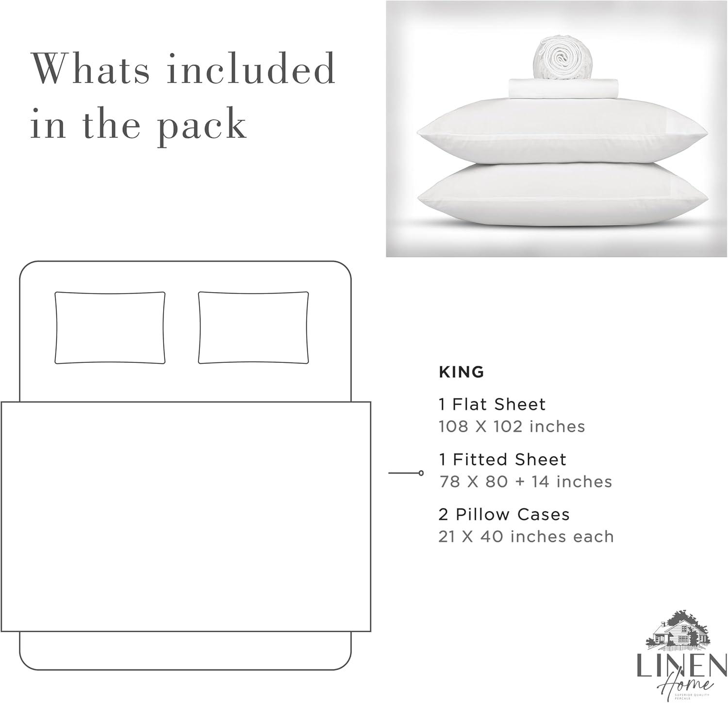 Linen Home Washed Cotton Percale King Sheet Set, White, Deep Pocket, 4 Pieces Bed Sheets - 1 Flat Sheet, 1 Fitted Sheet & 2 Envelope Closure Pillowcases, Cool and Comfortable Bed Linen