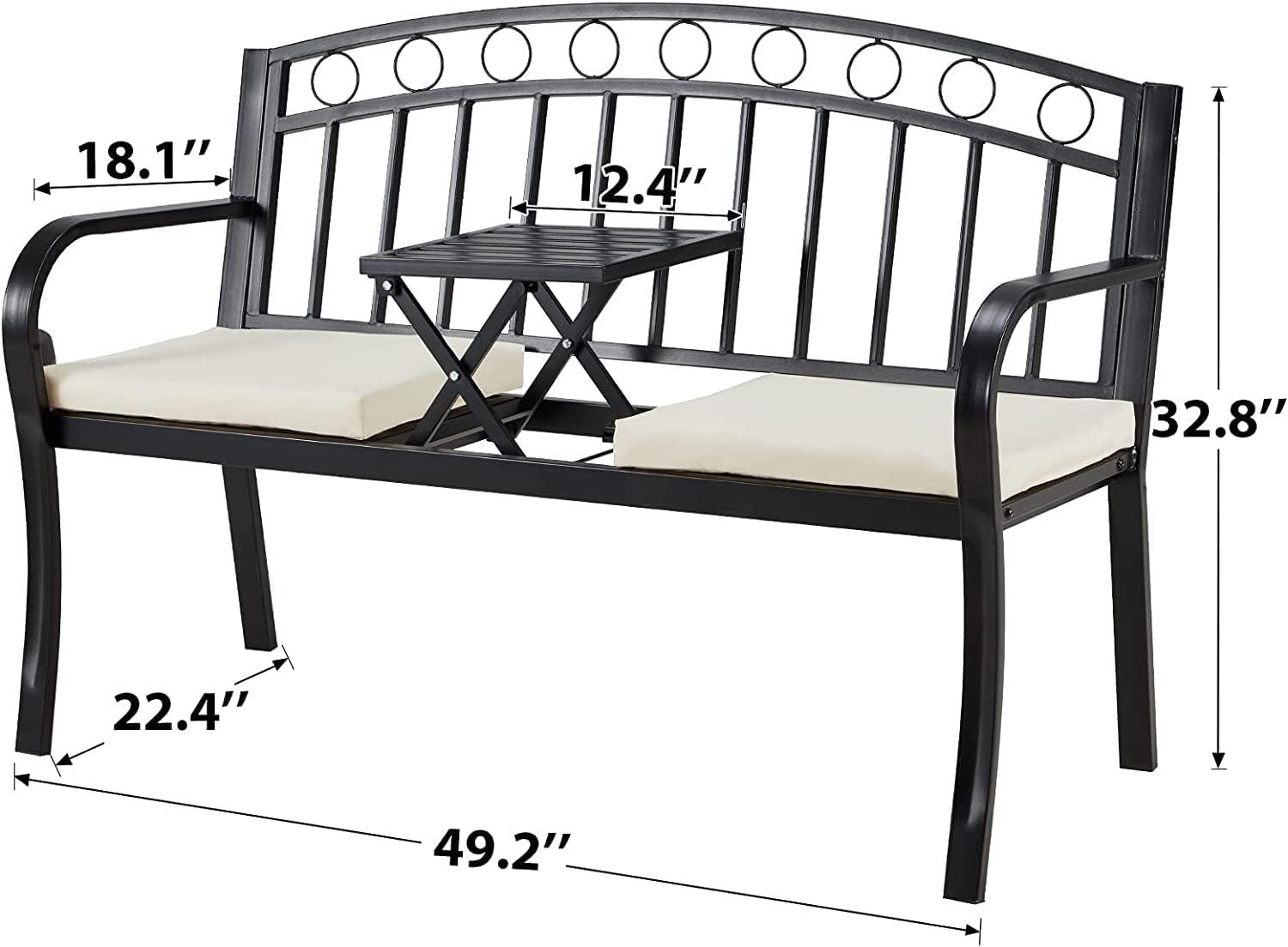 Black Metal 2-Seat Outdoor Bench with Pullout Table and Cushions