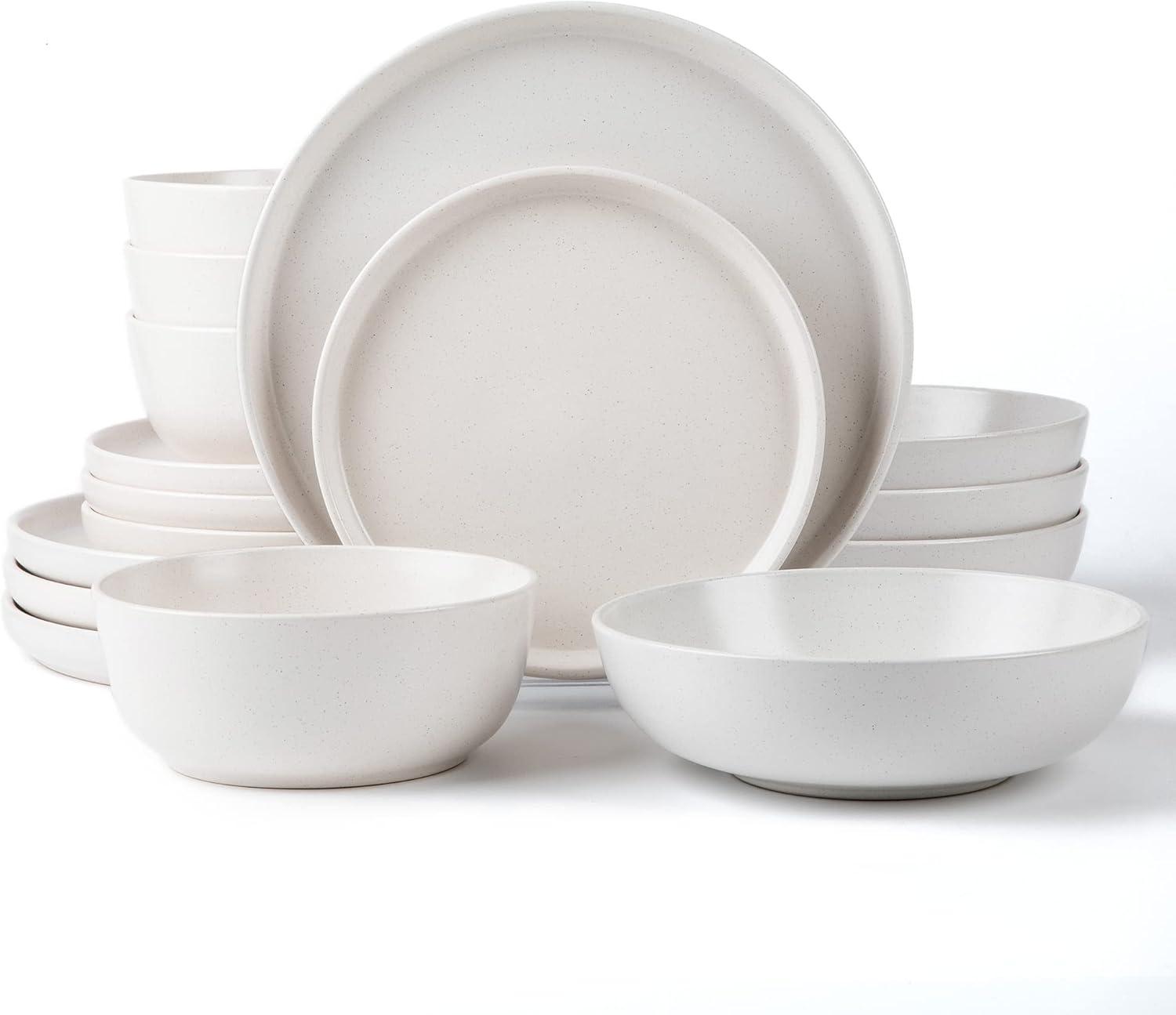 16-Piece White Ceramic Round Dinnerware Set with Double Bowls