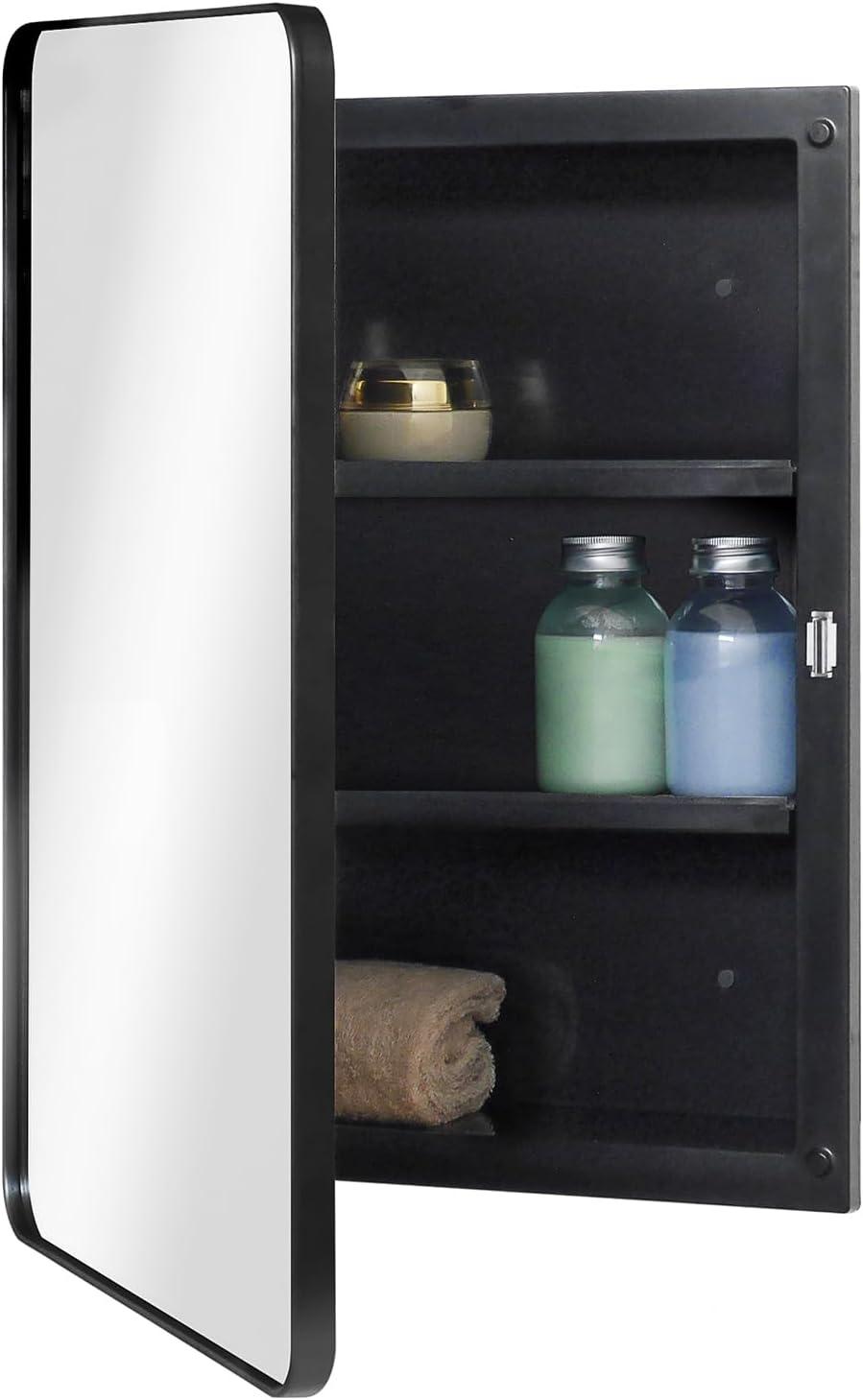 Black Metal Frame Medicine Cabinet with Mirror Door, 16 x 22 Inch