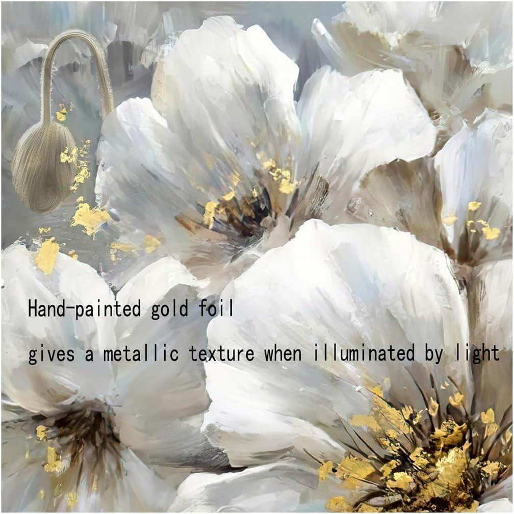 Square White and Gray Floral Canvas Painting with Gold Accents