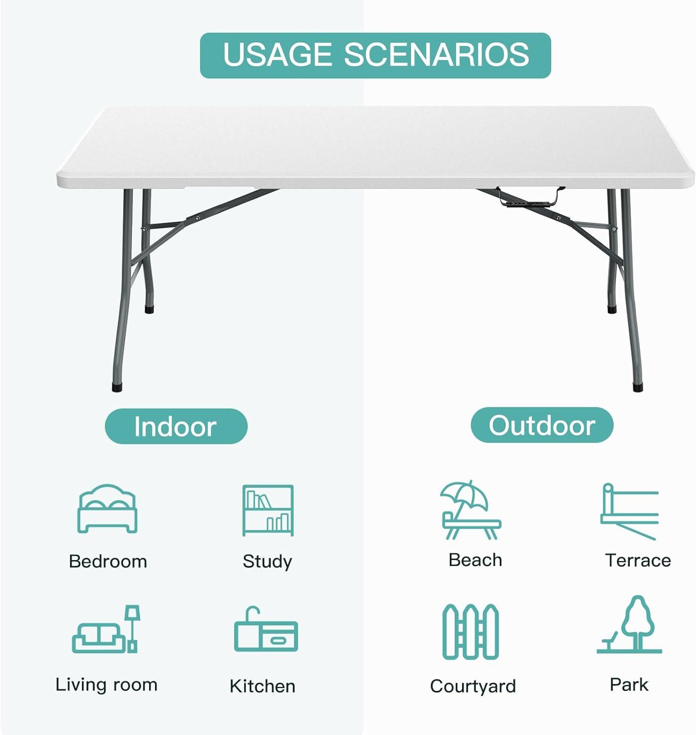 6 Foot Folding Table,White Plastic Folding Table,Built-in Handle,White