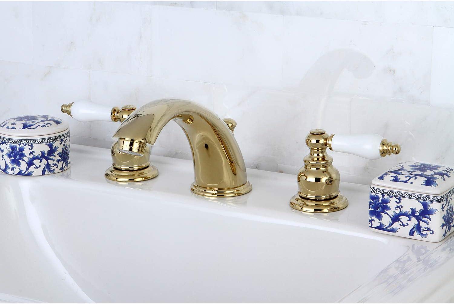 Kingston Brass Victorian Two-Handle 3-Hole Deck Mount Widespread Bathroom Faucet with Brass Pop-Up Drain