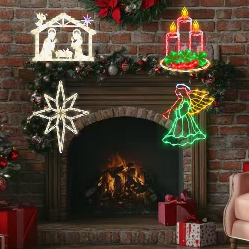 16 Inch Christmas Window Silhouette Lights Decorations, 4 Pack Waterproof Window Hanging Lights Elk, Christmas Tree, Santa Claus, Wreaths for Party, Home Indoor Outdoor Wall - 200 Mini Bulbs