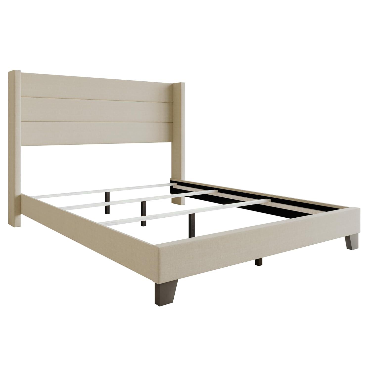 Flash Furniture Hollis Queen Upholstered Platform Bed with Wingback Headboard, No Box Spring Needed, Beige Faux Linen