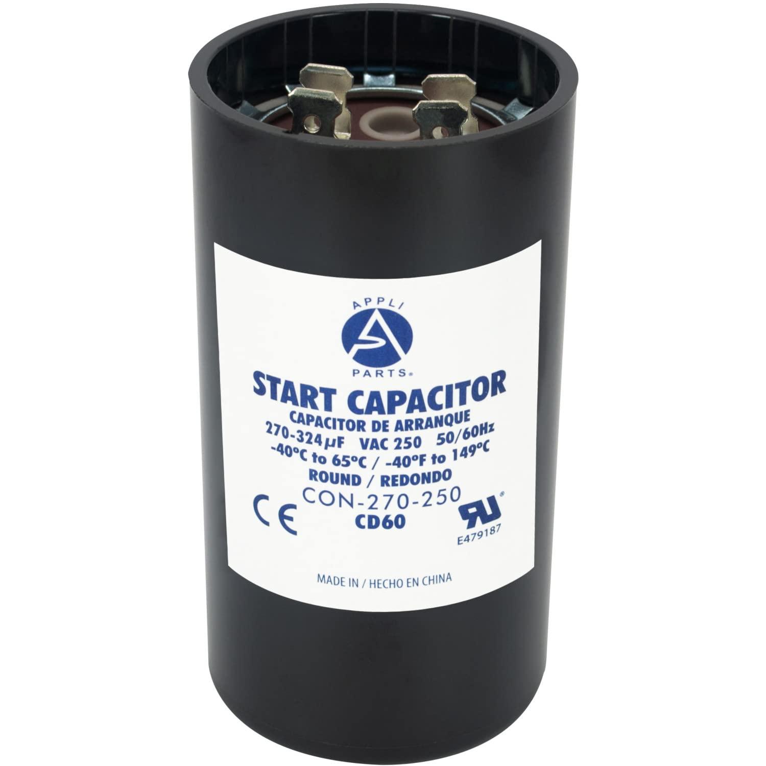 Appli Parts motor start capacitor 270-324 Mfd (microfarads) uF 250 VAC universal fit for electric motor applications 1-3/4 in Diameter 4-3/8 in Height CON-270-250