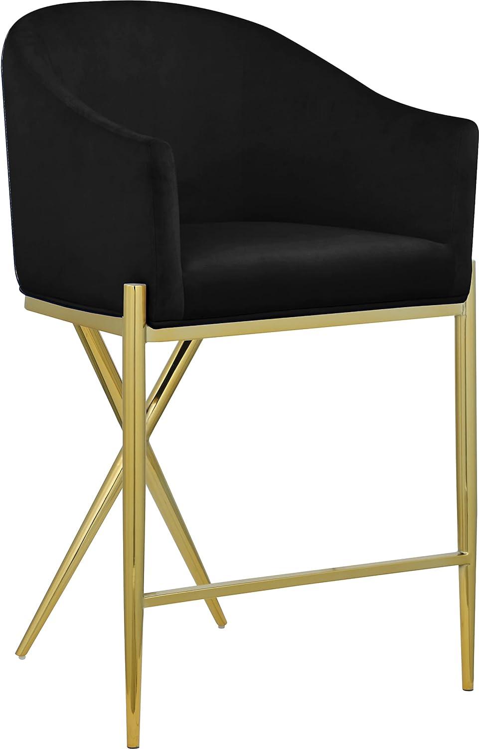 Velvet-Clad Black Counter Stool with Gold Metal Frame, 38" Height