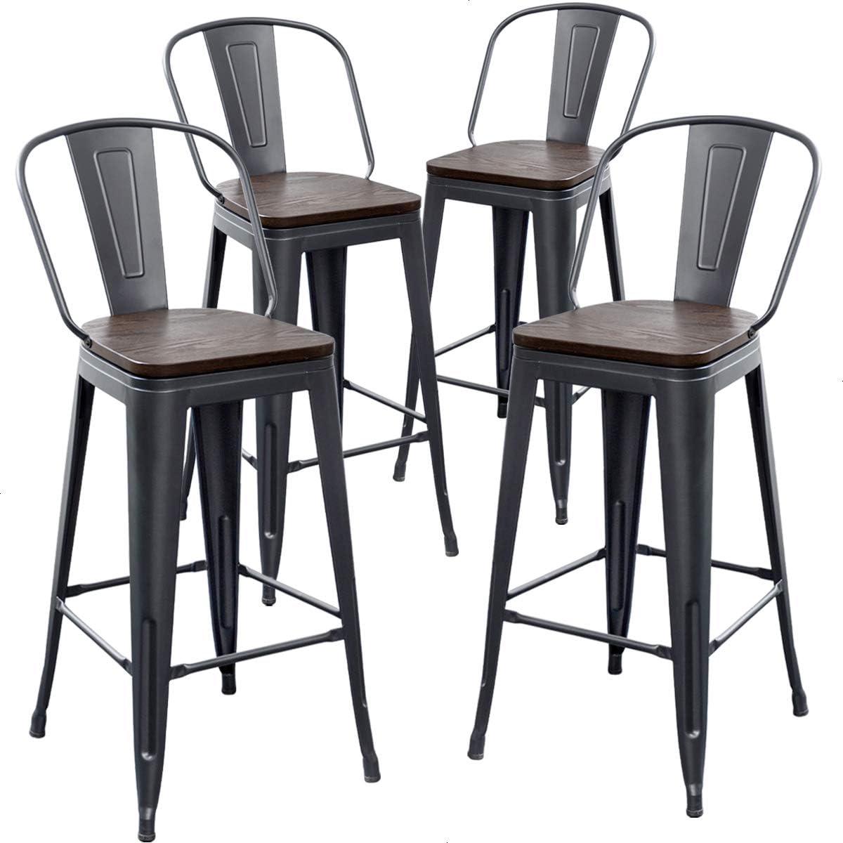 Andeworld Swivel Metal Bar Stools Set of 4 Counter Height Stools Counter Bar Stools with Back Swivel Metal Bar Chairs Wooded Seat 30 Inch Matte Black