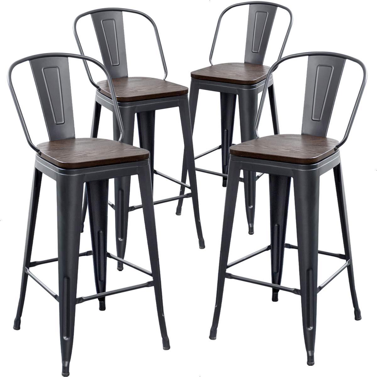 Andeworld Swivel Metal Bar Stools Set of 4 Counter Height Stools Counter Bar Stools with Back Swivel Metal Bar Chairs Wooded Seat 30 Inch Matte Black