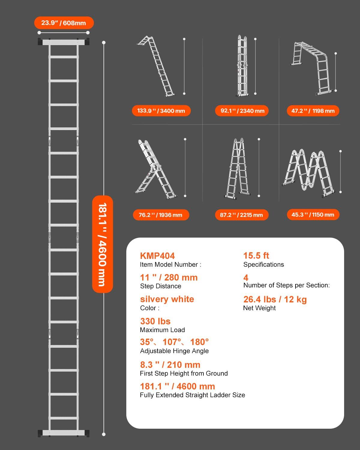 VEVOR Multi-Purpose Folding Ladder, 7-in-1 Tall Extension Step Ladder, A Frame 4 Step Telescoping Ladder, 15.5ft Reach Height Heavy Duty Adjustable Ladder, 330 lbs Capacity for Home Outdoor