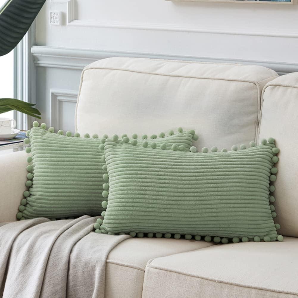 Sage Green Corduroy Lumbar Pillow Covers with Stripes - Set of 2