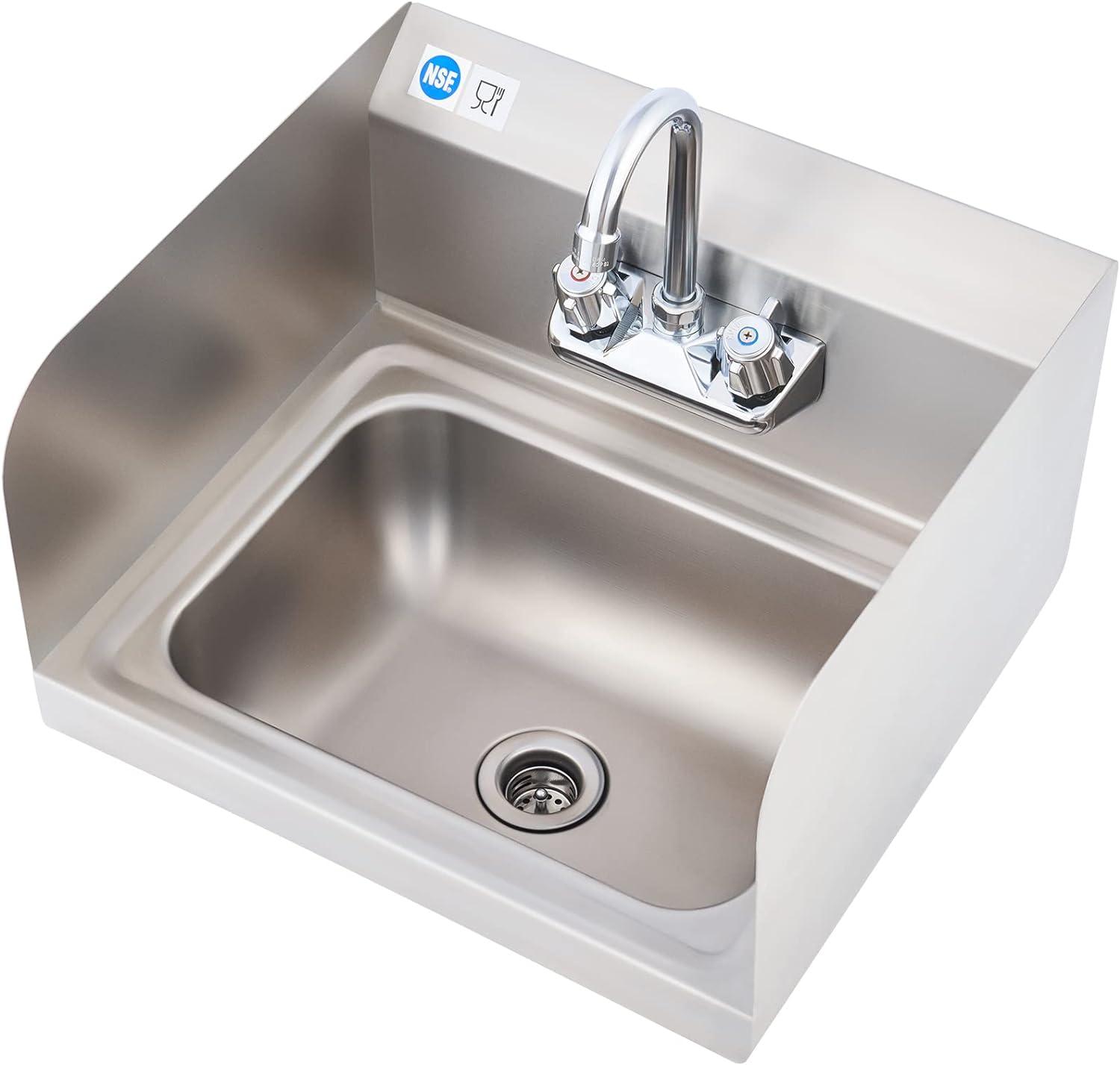 Tangkula Stainless Steel Sink NSF Wall Mount Hand Washing Sink with Faucet & Side Splash