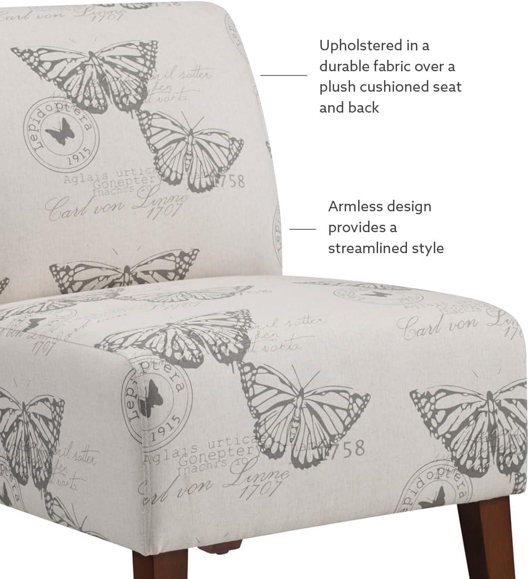 Gray Butterfly Print Linen Slipper Chair with Wood Legs