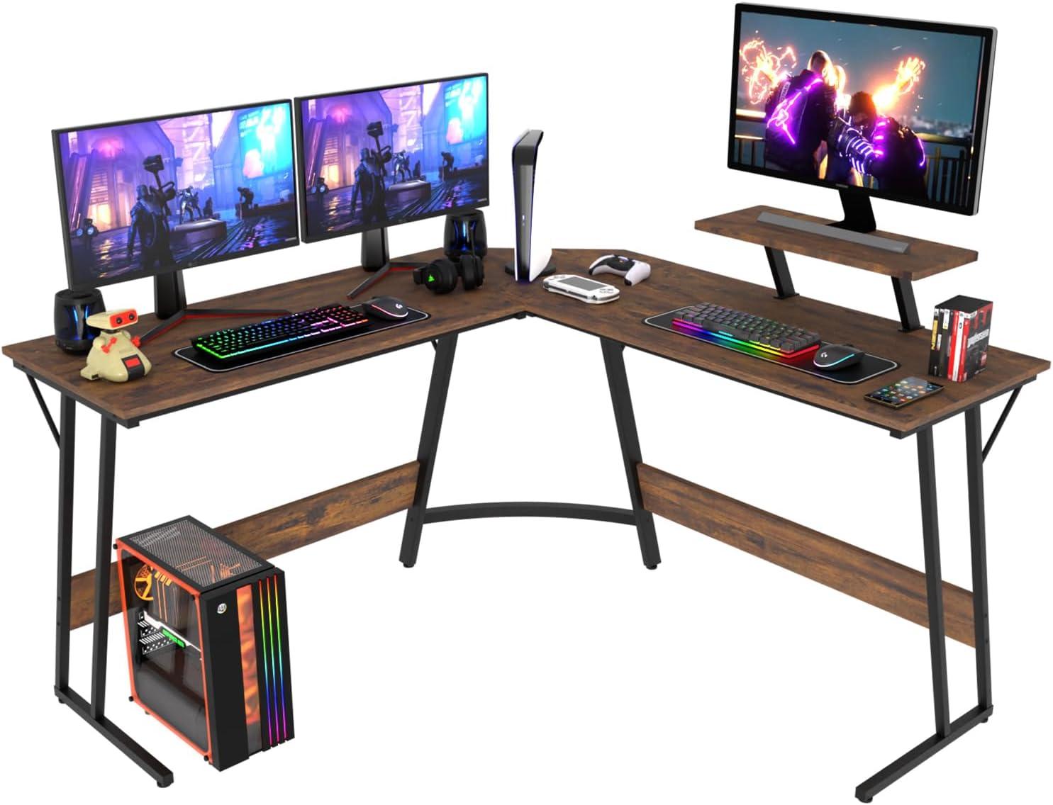 Brown L-Shaped Wood Corner Gaming Computer Desk