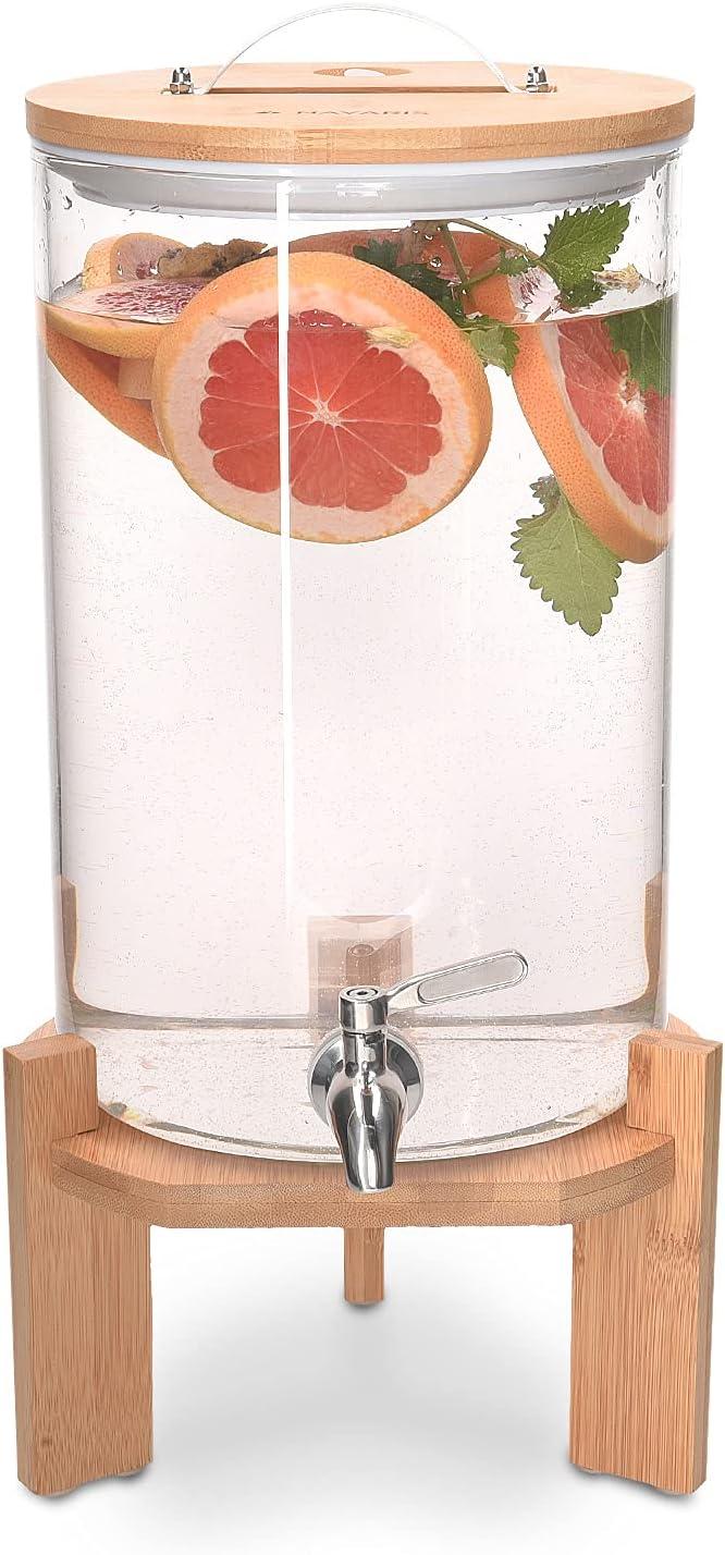 Navaris Beverage Dispenser with Stand - 1.8 Gallon (7L) Glass Drink Dispenser with Spigot, Lid, Wood Stand for Hot or Cold Drinks, Ice Water, Parties