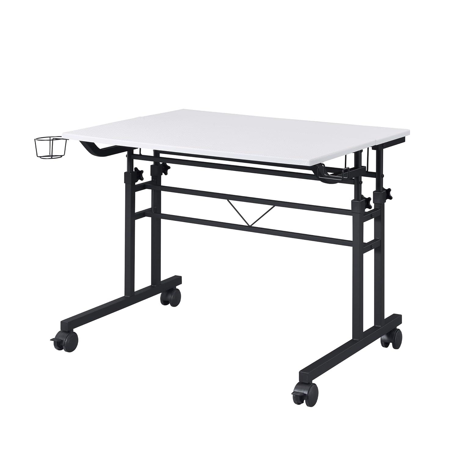 Rolling Writing Desk with Height Adjustable Desktop and Moveable Shelf White - Techni Mobili: Locking Casters, Open Storage
