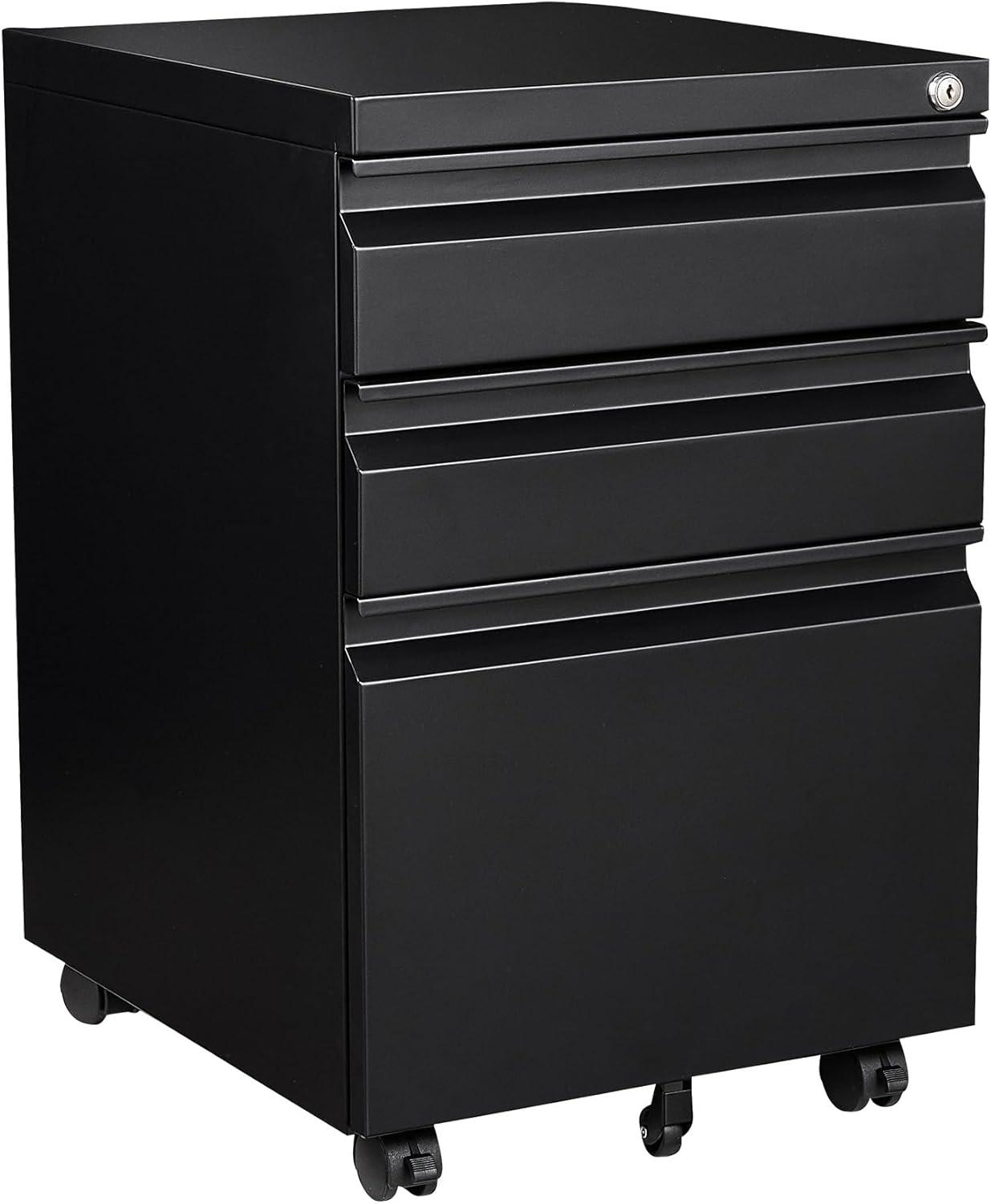 3 Drawer Mobile File Cabinet, Metal Filing Cabinets with Lock Wheels Under Desk, Lockable Rolling File Cabinet for Home Office, Fit Letter/Legal/A4 Size (Black)