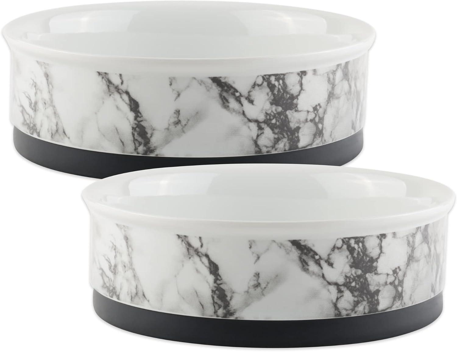 White Marble Ceramic Pet Bowls with Non-Skid Base, Set of 2