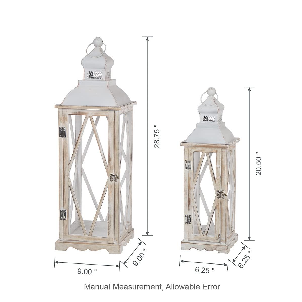 Farmhouse Wood Metal Lanterns Decorative Hanging Candle Lanterns White Set of 2 (No Glass)