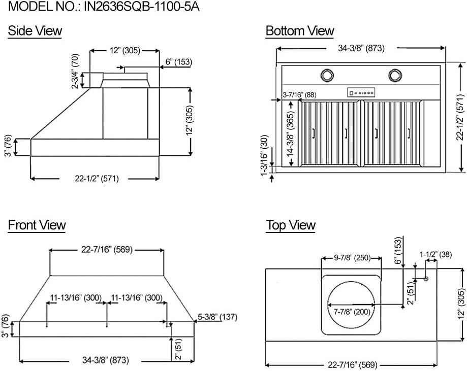 Kobe Range Hoods 36" Stainless Steel 1100 CFM Ducted (Vented) Insert Range Hood with Baffle Filter