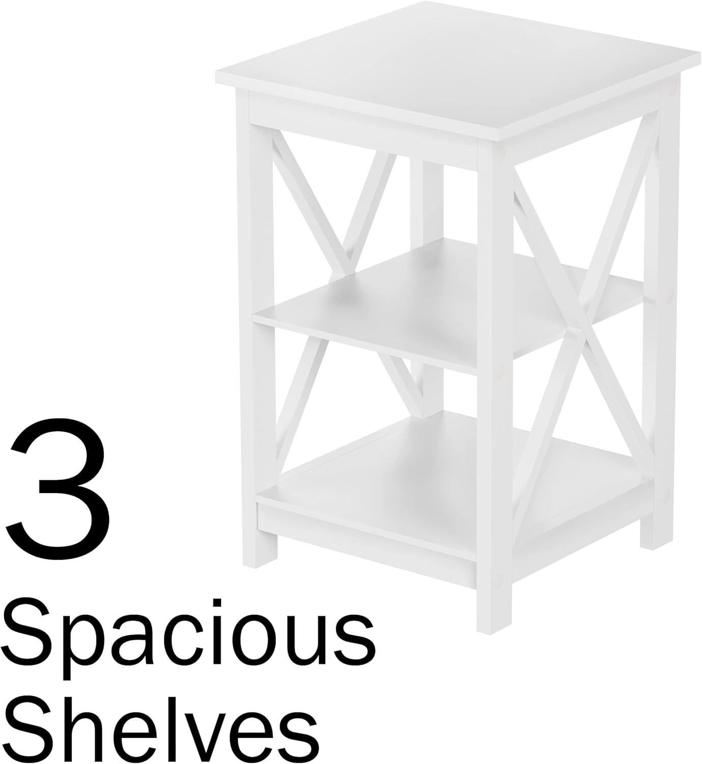 Lavish Home End Table with 2 Shelves and X-Leg Design, White