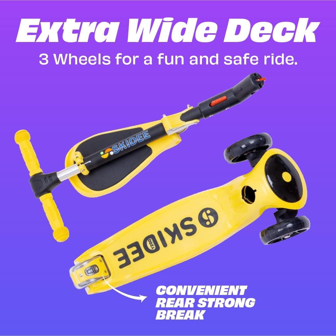 Skidee Kick Scooters for Kids, Adjustable Height, Foldable, LED Lights, Rear Brake, Ages 2-12, Yellow
