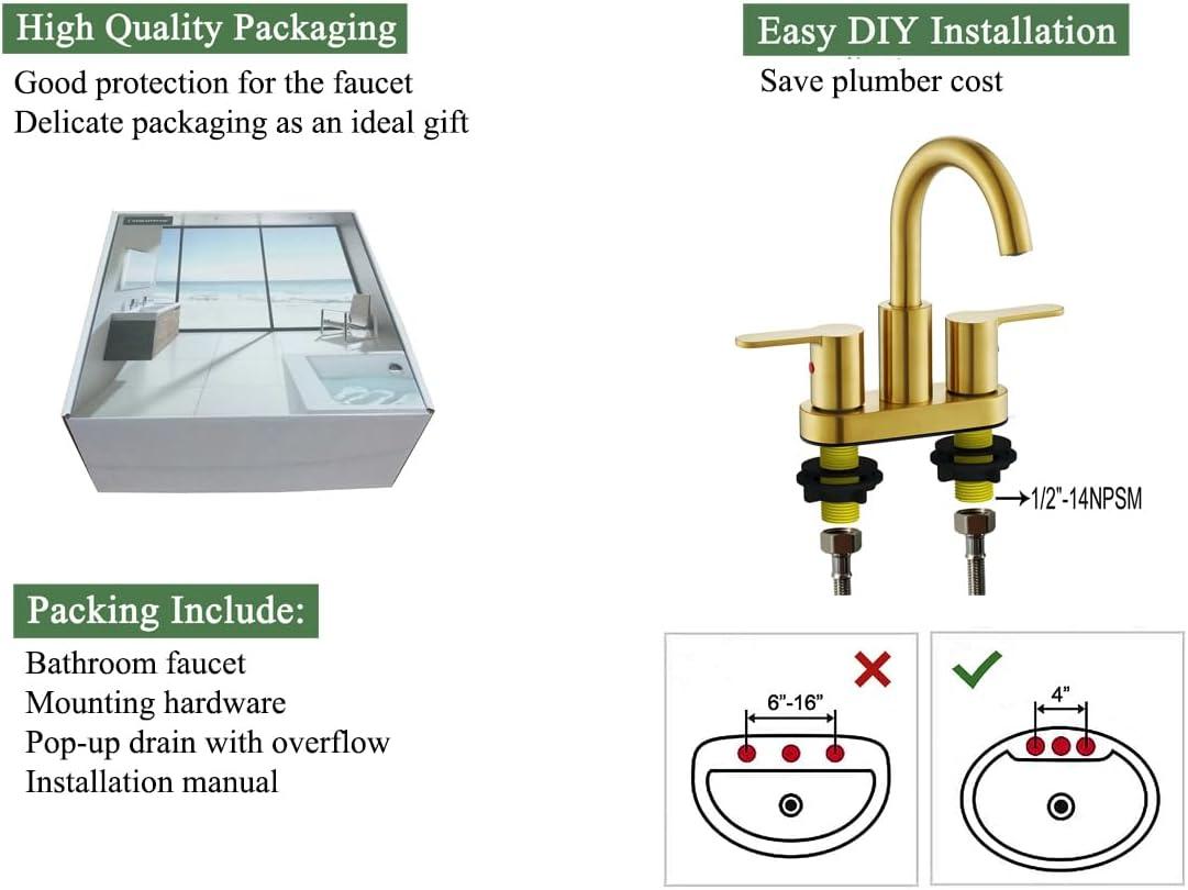 Brushed Gold 2 Handle Centerset Bathroom Faucet with Brass Spout