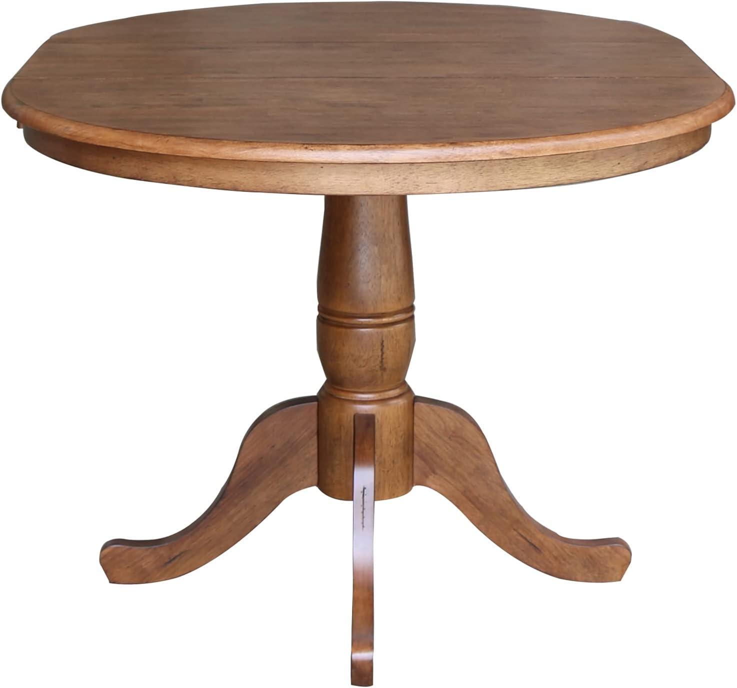 Keanan Round Top Pedestal Table with 12" Drop Leaf Distressed Oak - International Concepts