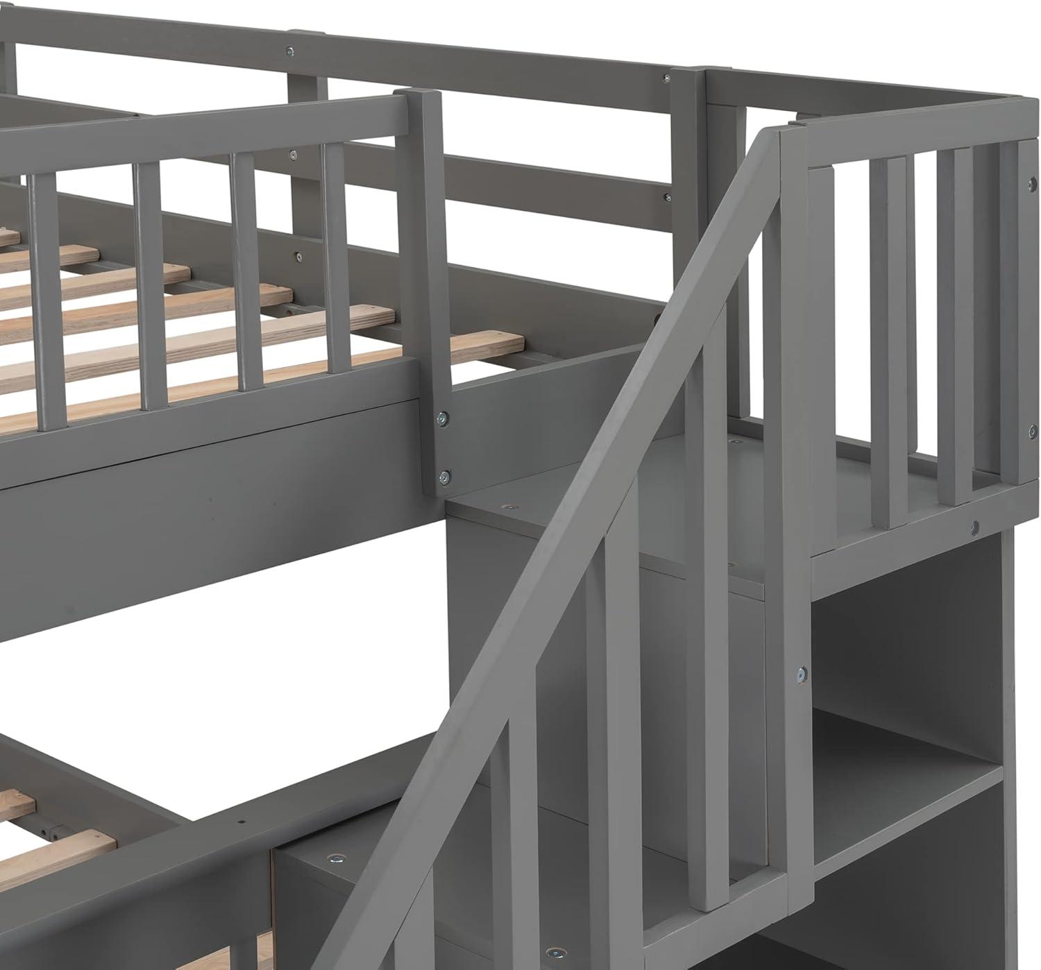 Full Over Full Bunk Beds with Drawers and Stairs Stairway Bunk Bed Frame with Storage Shelves for Kids Teens Adult, Wood Full Bunk Bed for Boys Girls Adults, Gray