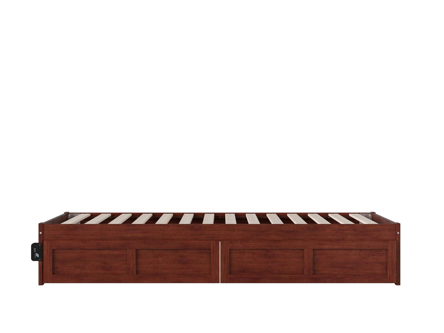 Symmetrical Twin XL Walnut Bed with USB Charger and Storage Drawers